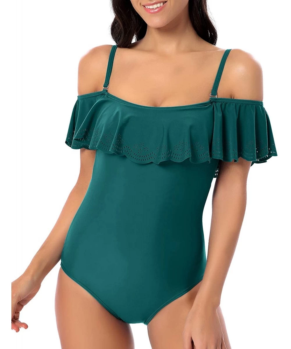 One-Pieces Woman's Vintage Ruffle One Piece Swimsuit Off Shoulder Flounce Bathing Suits - Green - CF196H0KCE3