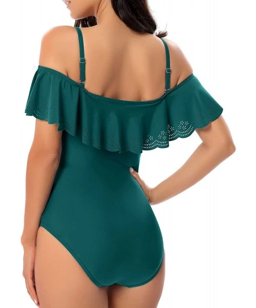 One-Pieces Woman's Vintage Ruffle One Piece Swimsuit Off Shoulder Flounce Bathing Suits - Green - CF196H0KCE3