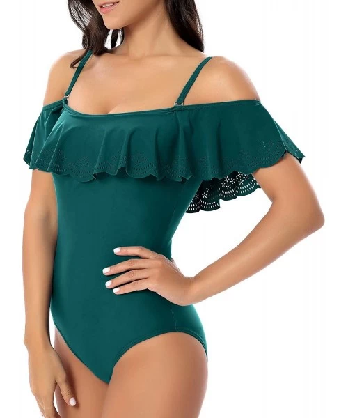 One-Pieces Woman's Vintage Ruffle One Piece Swimsuit Off Shoulder Flounce Bathing Suits - Green - CF196H0KCE3