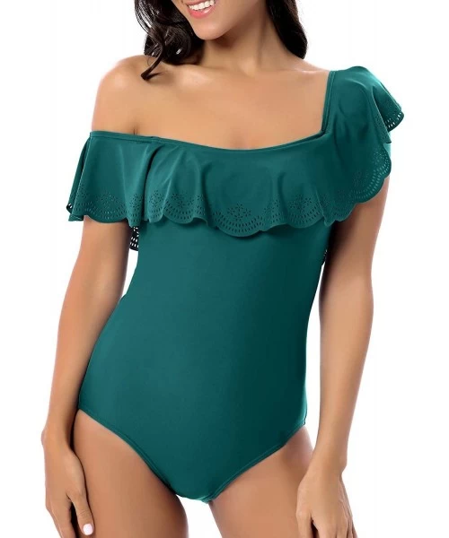 One-Pieces Woman's Vintage Ruffle One Piece Swimsuit Off Shoulder Flounce Bathing Suits - Green - CF196H0KCE3