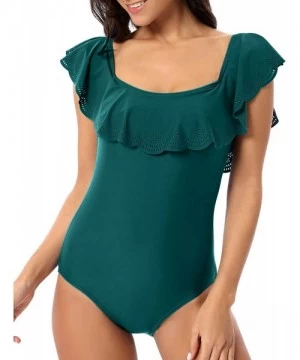 One-Pieces Woman's Vintage Ruffle One Piece Swimsuit Off Shoulder Flounce Bathing Suits - Green - CF196H0KCE3