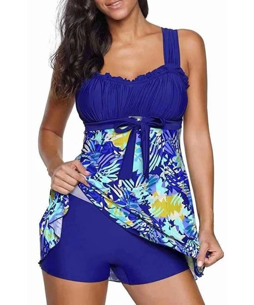 Racing Plus Size Women's Fashion Summer Beach Swimsuits Dress Sleeveless Printed Tankini Swimsuits Two-Piece - Blue - CV19CME...