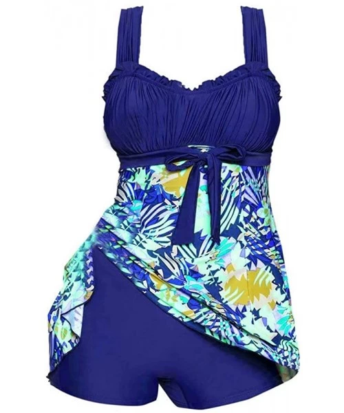 Racing Plus Size Women's Fashion Summer Beach Swimsuits Dress Sleeveless Printed Tankini Swimsuits Two-Piece - Blue - CV19CME...