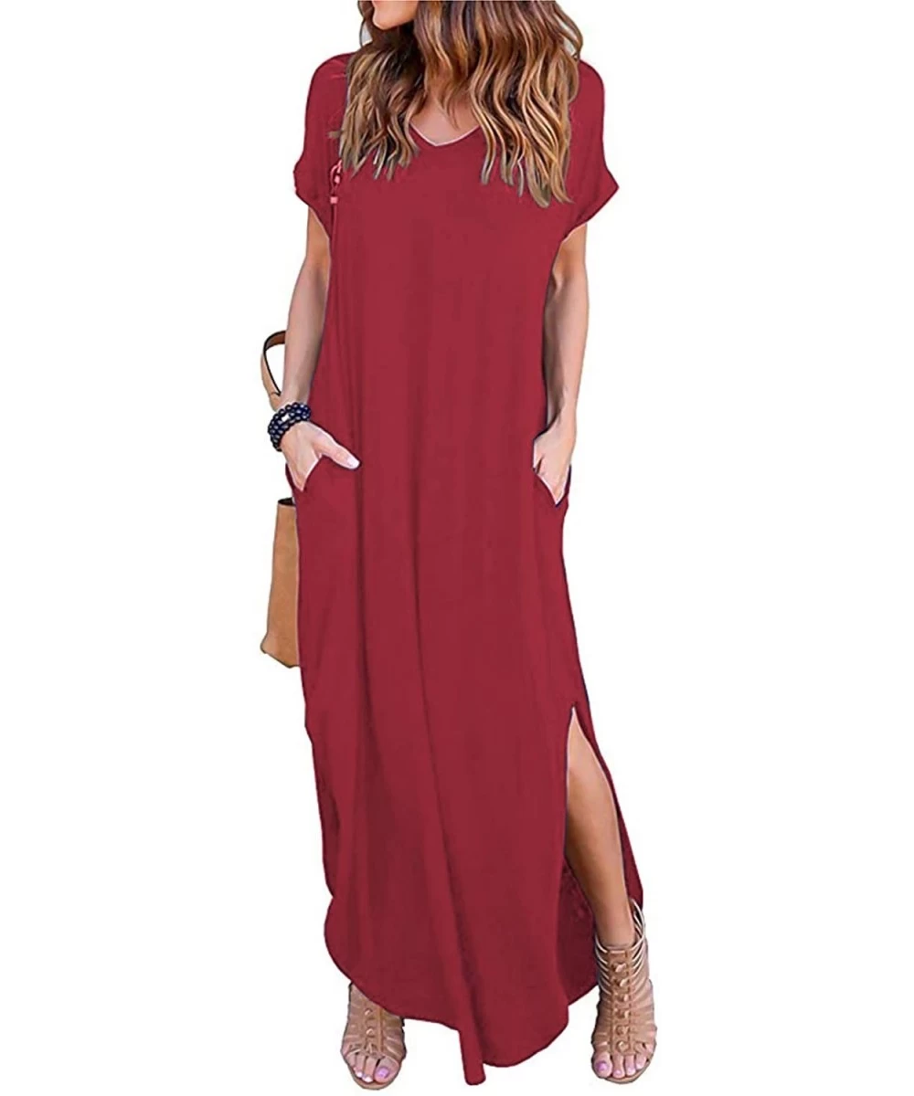 Cover-Ups Women's Short Sleeve V Neck Pocket Casual Side Split Beach Long Maxi Dress - Burgundy - CI18CIMUEMW