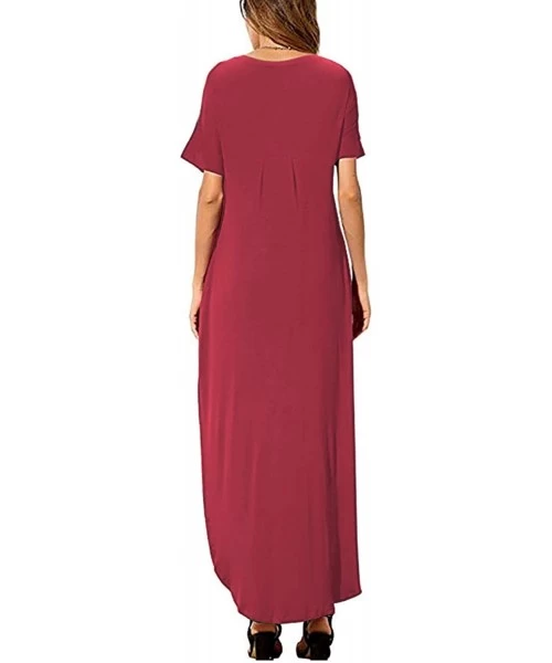 Cover-Ups Women's Short Sleeve V Neck Pocket Casual Side Split Beach Long Maxi Dress - Burgundy - CI18CIMUEMW