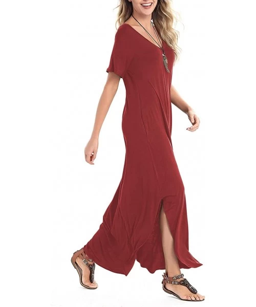 Cover-Ups Women's Short Sleeve V Neck Pocket Casual Side Split Beach Long Maxi Dress - Burgundy - CI18CIMUEMW