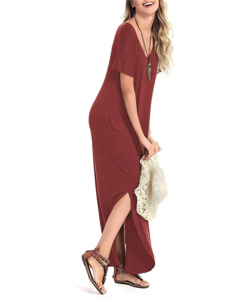 Cover-Ups Women's Short Sleeve V Neck Pocket Casual Side Split Beach Long Maxi Dress - Burgundy - CI18CIMUEMW