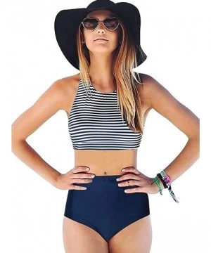 Tankinis Women Girls 2 Piece Swimsuits High Waisted Bathing Suits Bikini Set - Navy Blue - CI18O7S5MNQ