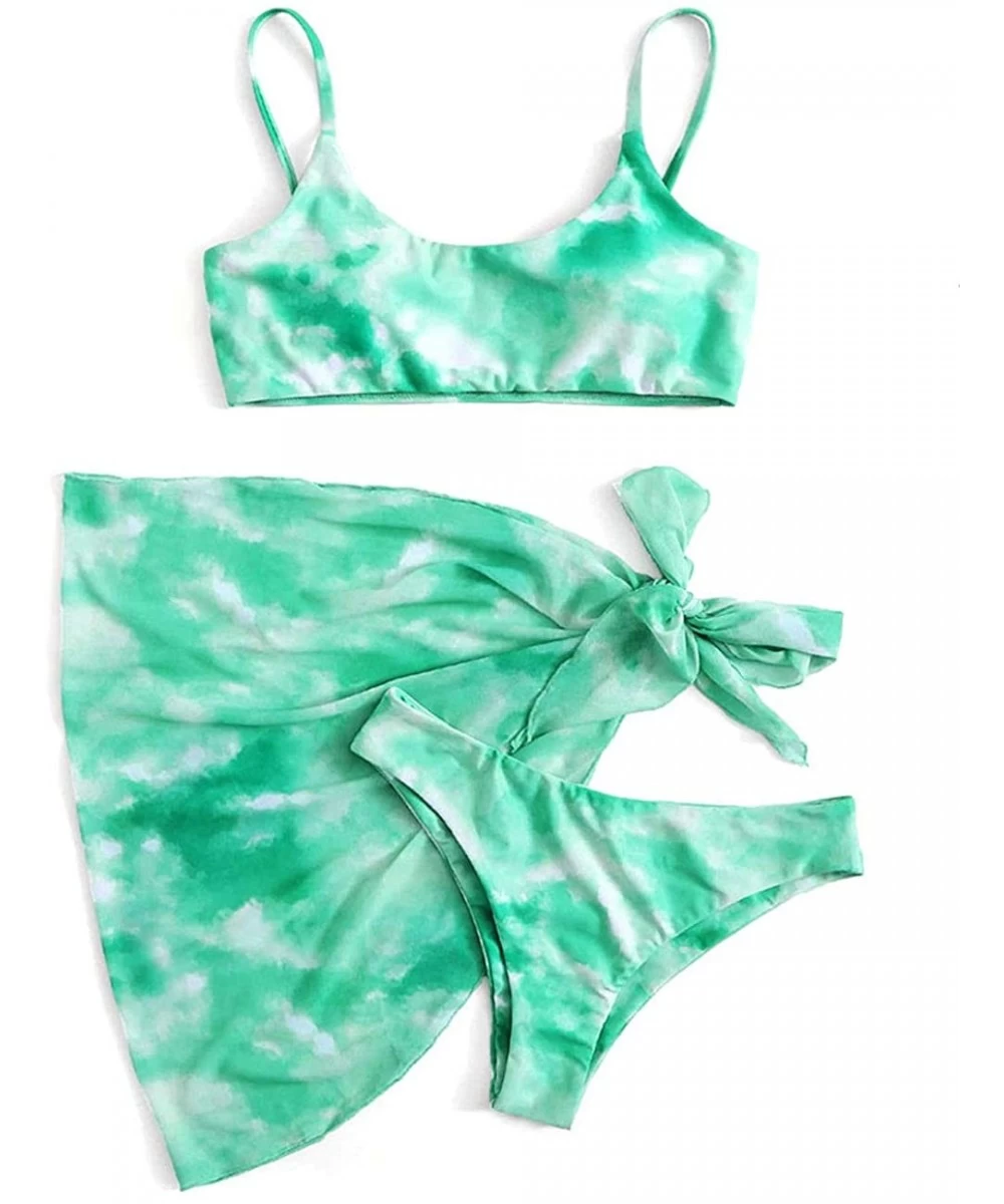 Sets Women's 3 Piece Tie Dye Cinched String Triangle Reversible Bottom Bikini Sets Swimsuits - Green03 - CP19E7NQ5MS