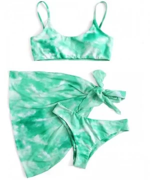 Sets Women's 3 Piece Tie Dye Cinched String Triangle Reversible Bottom Bikini Sets Swimsuits - Green03 - CP19E7NQ5MS