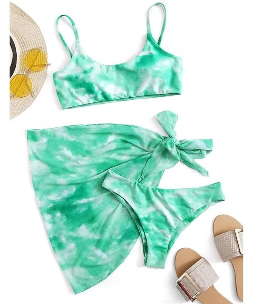 Sets Women's 3 Piece Tie Dye Cinched String Triangle Reversible Bottom Bikini Sets Swimsuits - Green03 - CP19E7NQ5MS