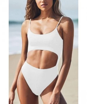 One-Pieces Womens Scoop Neck Cut Out Front Lace Up Back High Cut Monokini One Piece Swimsuit - White - CE18QR6OWL0