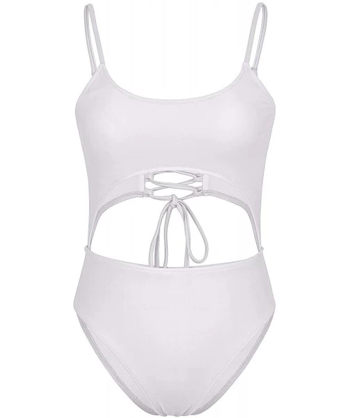 One-Pieces Womens Scoop Neck Cut Out Front Lace Up Back High Cut Monokini One Piece Swimsuit - White - CE18QR6OWL0