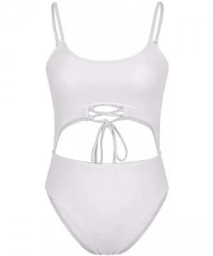 One-Pieces Womens Scoop Neck Cut Out Front Lace Up Back High Cut Monokini One Piece Swimsuit - White - CE18QR6OWL0