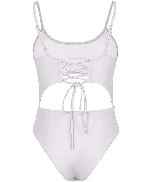 One-Pieces Womens Scoop Neck Cut Out Front Lace Up Back High Cut Monokini One Piece Swimsuit - White - CE18QR6OWL0