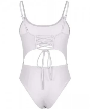 One-Pieces Womens Scoop Neck Cut Out Front Lace Up Back High Cut Monokini One Piece Swimsuit - White - CE18QR6OWL0