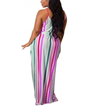 Cover-Ups Women's Sexy Spaghetti Strap Stripe Long Maxi Dresses Floor Length Sleeveless Plus Size Sundresses with Pockets - S...