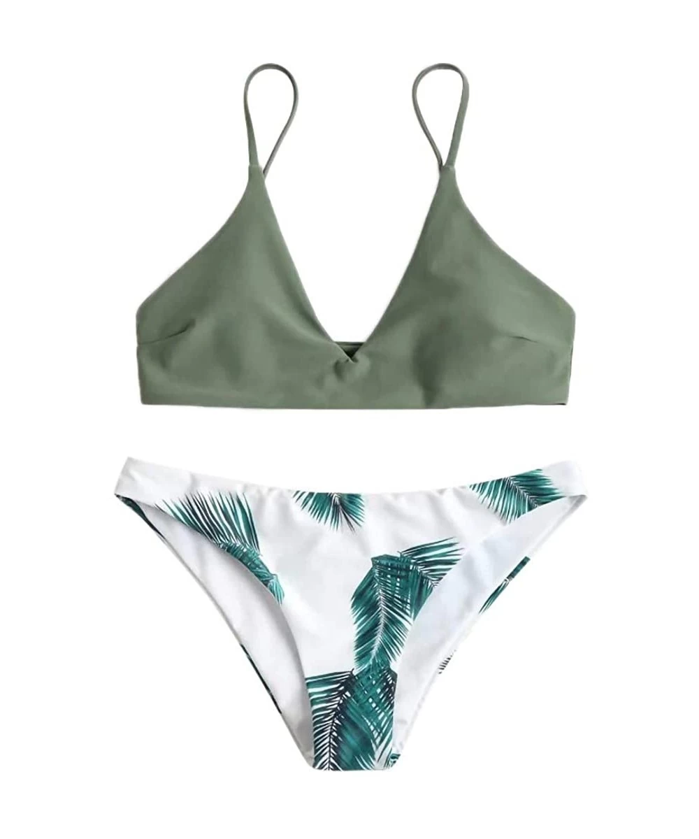 Sets Women's Printed Swimsuits Plain V Neck Top Leaf Brief Two-Piece Bikini Set Beachwear Swimwear - Olive - CX194MKH8EL