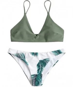 Sets Women's Printed Swimsuits Plain V Neck Top Leaf Brief Two-Piece Bikini Set Beachwear Swimwear - Olive - CX194MKH8EL