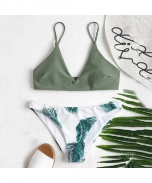 Sets Women's Printed Swimsuits Plain V Neck Top Leaf Brief Two-Piece Bikini Set Beachwear Swimwear - Olive - CX194MKH8EL