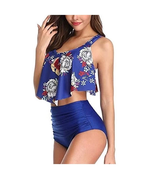 Racing High Waisted Swimsuits for Women Two Piece Tankini Set Tummy Control Bathing Suits Ruffled Top with Bottom Bikini - Na...