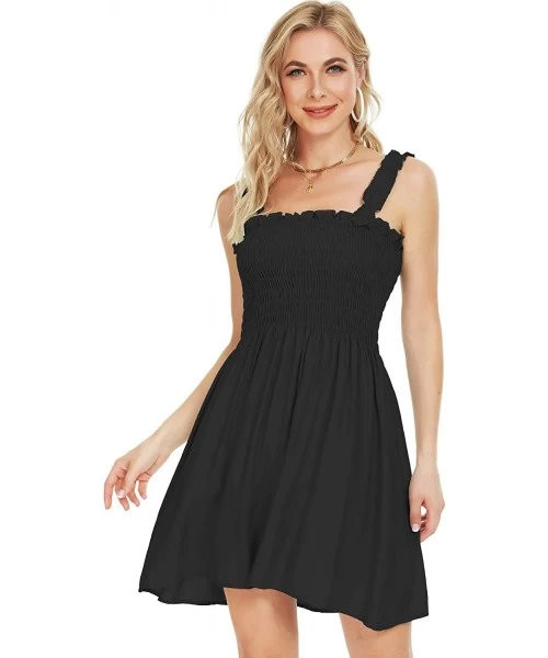 Cover-Ups Women's Summer Cover Up Strapless Dresses Solid Tube Top Beach Mini Dress - Black With Straps - CN19E4IRDNA