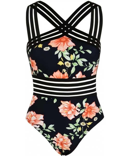 One-Pieces Women's One Piece Swimwear Front Crossover Swimsuits Hollow Bathing Suits Monokinis - Black&floral - C9194R8H2Z5