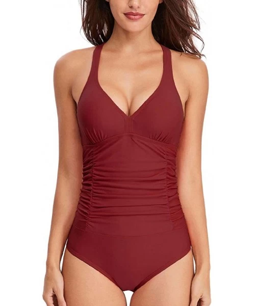 One-Pieces Women's One Piece Swimsuits Ruched Tommy Control Swimwear V Neck Sexy Back Crossover Swimming Bathing Suits Wine R...