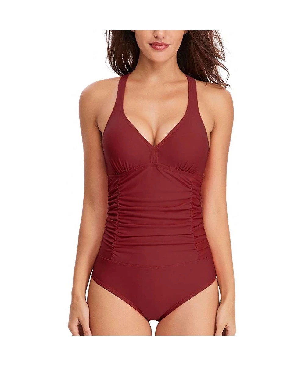 One-Pieces Women's One Piece Swimsuits Ruched Tommy Control Swimwear V Neck Sexy Back Crossover Swimming Bathing Suits Wine R...