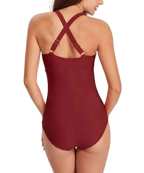 One-Pieces Women's One Piece Swimsuits Ruched Tommy Control Swimwear V Neck Sexy Back Crossover Swimming Bathing Suits Wine R...