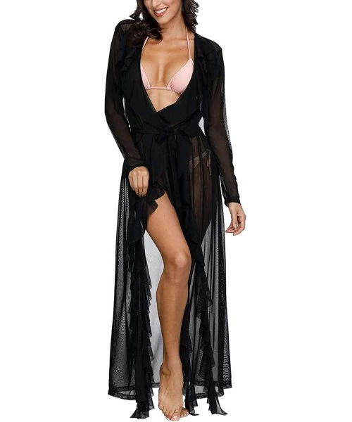 Cover-Ups Women's Ruffles Cover-Ups Bathing Swimsuit Robe Swim Long Sleeve Kimono Cover Up Dress - Black-ruffles - CY1953M9S3L