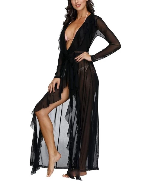 Cover-Ups Women's Ruffles Cover-Ups Bathing Swimsuit Robe Swim Long Sleeve Kimono Cover Up Dress - Black-ruffles - CY1953M9S3L