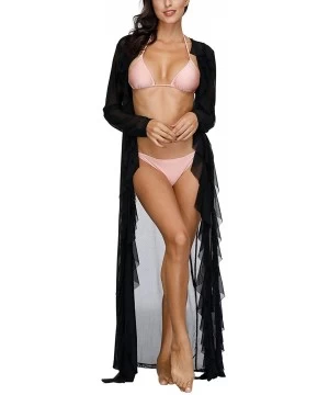 Cover-Ups Women's Ruffles Cover-Ups Bathing Swimsuit Robe Swim Long Sleeve Kimono Cover Up Dress - Black-ruffles - CY1953M9S3L