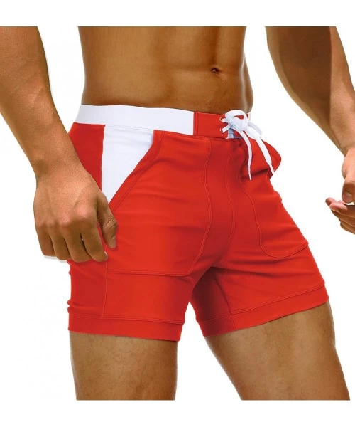 Briefs Men's Swim Trunks Square Leg Boxer Brief with Pockets Mesh Lining Beach Shorts Underwear - Red - CS18T7ULC6D