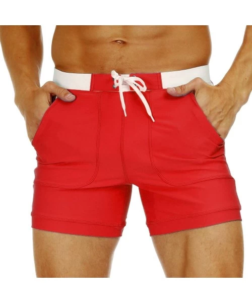 Briefs Men's Swim Trunks Square Leg Boxer Brief with Pockets Mesh Lining Beach Shorts Underwear - Red - CS18T7ULC6D