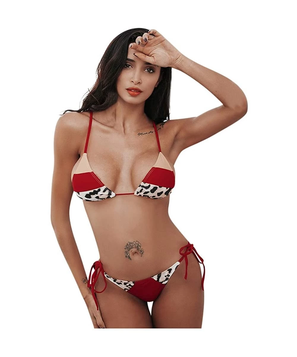 Sets Women Swimwear Two Piece Shoulder Strappy Bandeau Swimsuit Padded Bikini Set Triangle Bathing Suits - Red - CM195H87KGT