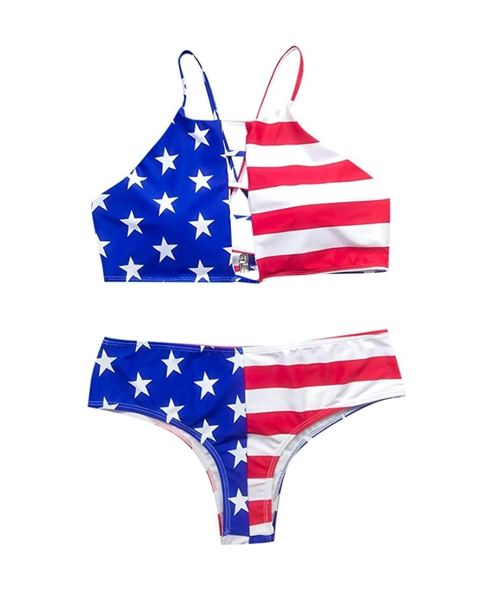 Sets Women's Plus Size American Flag High Waist Back Swimskirt Two Piece Swimsuit Bikini - Blue-2 - CK190R4HSS2