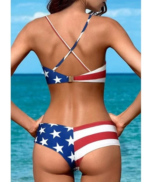 Sets Women's Plus Size American Flag High Waist Back Swimskirt Two Piece Swimsuit Bikini - Blue-2 - CK190R4HSS2