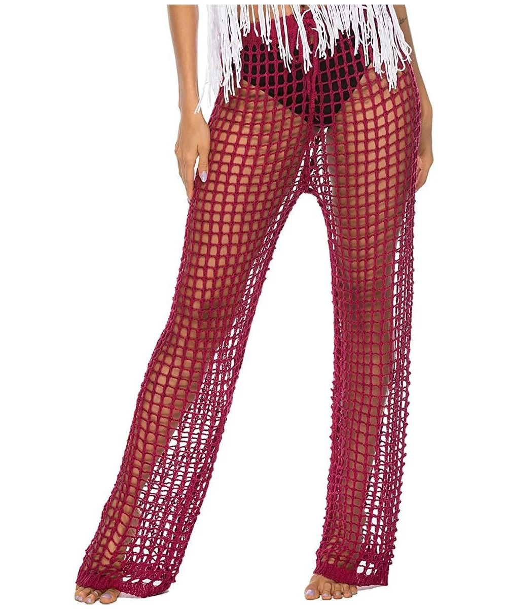 Cover-Ups Womens Cover Up Pants Sexy Hollow Out Crochet High Waist Mesh Fishnet Beach Bikini Swimsuits Pants - B-winered - CI...