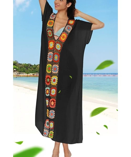 Cover-Ups Women Bathing Suit Cover Ups Swimsuit Coverups Dress Soft Crochet Bikini Beach Cover Ups - Black-v Neck - C719C2568YN