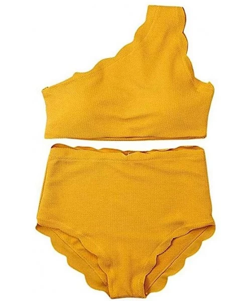 Sets Women's High Waisted Scalloped Trim Bikini Set One Shoulder Swimsuit - Yellow - CY18QR088C4