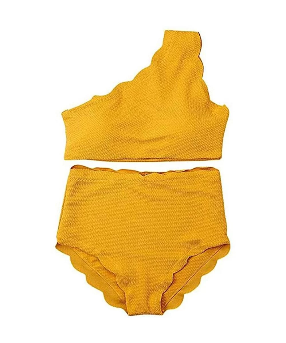 Sets Women's High Waisted Scalloped Trim Bikini Set One Shoulder Swimsuit - Yellow - CY18QR088C4