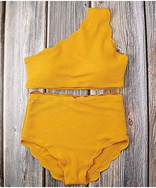 Sets Women's High Waisted Scalloped Trim Bikini Set One Shoulder Swimsuit - Yellow - CY18QR088C4