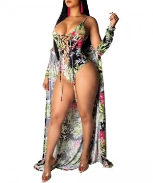 Sets Women Halter V Neck 2 Piece Sets Swimsuit Floral Print Halter Bikini + Long Sleeve Chiffon Beach Cardi Cover Up - Multic...