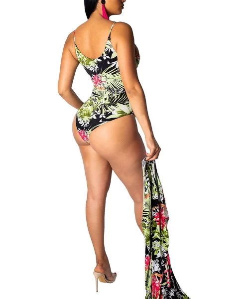 Sets Women Halter V Neck 2 Piece Sets Swimsuit Floral Print Halter Bikini + Long Sleeve Chiffon Beach Cardi Cover Up - Multic...