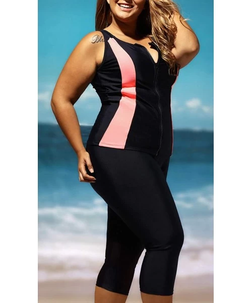 Rash Guards Women's Plus Size Floral Capris Bottom Tankini Two Piece Swimsuits L-5XL - Orange Black - C718QY375RD