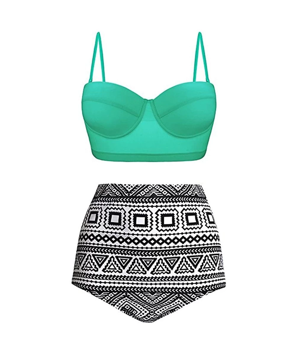 Board Shorts Women's High Waist Bikini Swimwear Women's Vintage Print Beachwear Bikini Set Swimwear - Mintgreen - CN18T4RCL7H