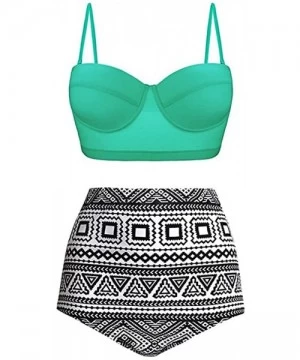 Board Shorts Women's High Waist Bikini Swimwear Women's Vintage Print Beachwear Bikini Set Swimwear - Mintgreen - CN18T4RCL7H