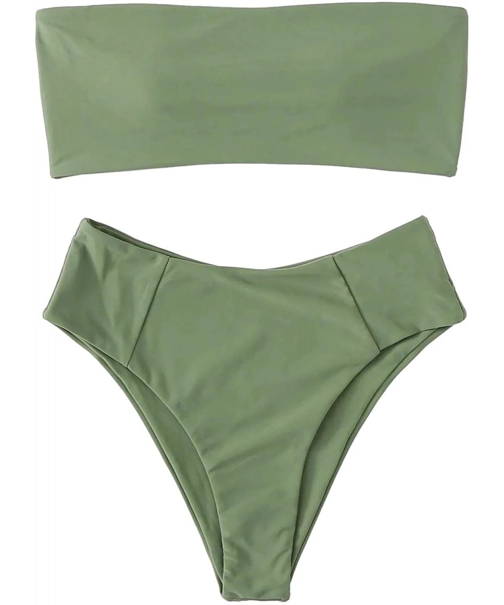 Sets Women's Sexy Bikini Set High Waist Wrap Padding Bandeau Bathing Swimwear Suit - Green - C918M4SYLW2