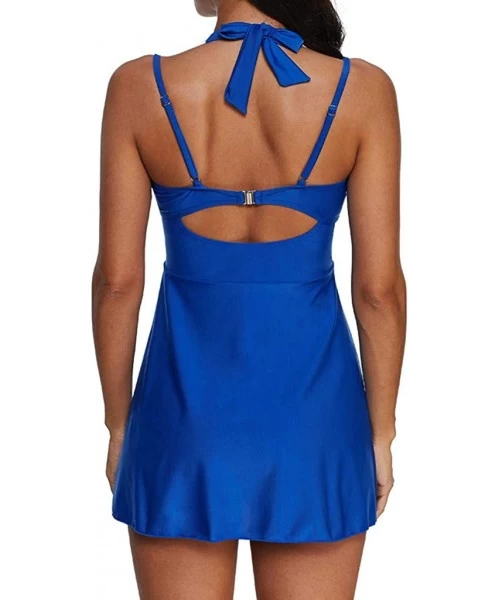 Board Shorts Womens Halter Swimdress Plus Size Two Piece Swimsuit Push Up Tankini Set - Blue - C2194UG2QAM